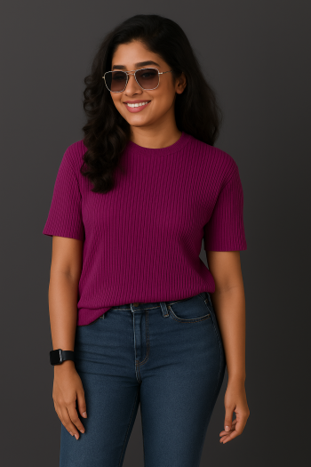 Premium Quality RIB T-shirt for Women - Deep Magenta