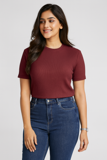 Premium Quality RIB T-shirt for Women - Maroon