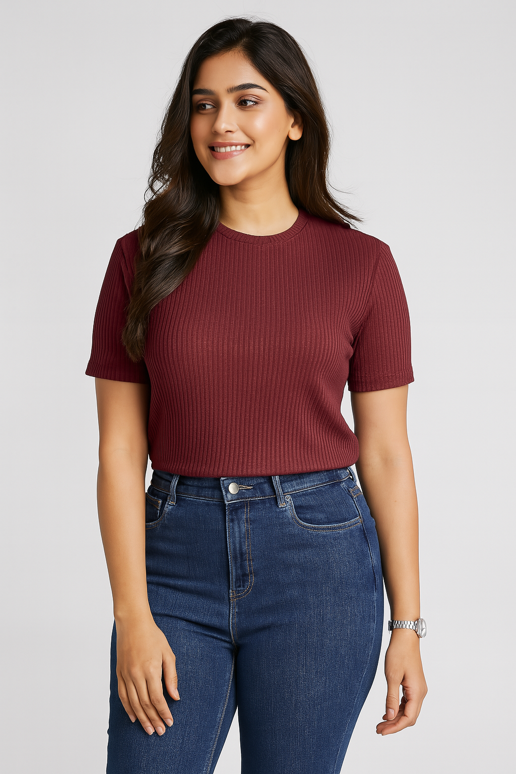 Premium Quality RIB T-shirt for Women - Maroon