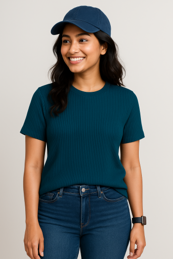 Premium Quality RIB T-shirt for Women - Petrol Blue