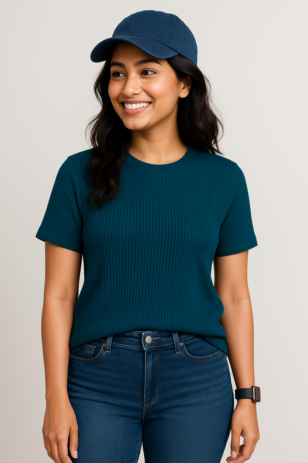 Premium Quality RIB T-shirt for Women - Petrol Blue