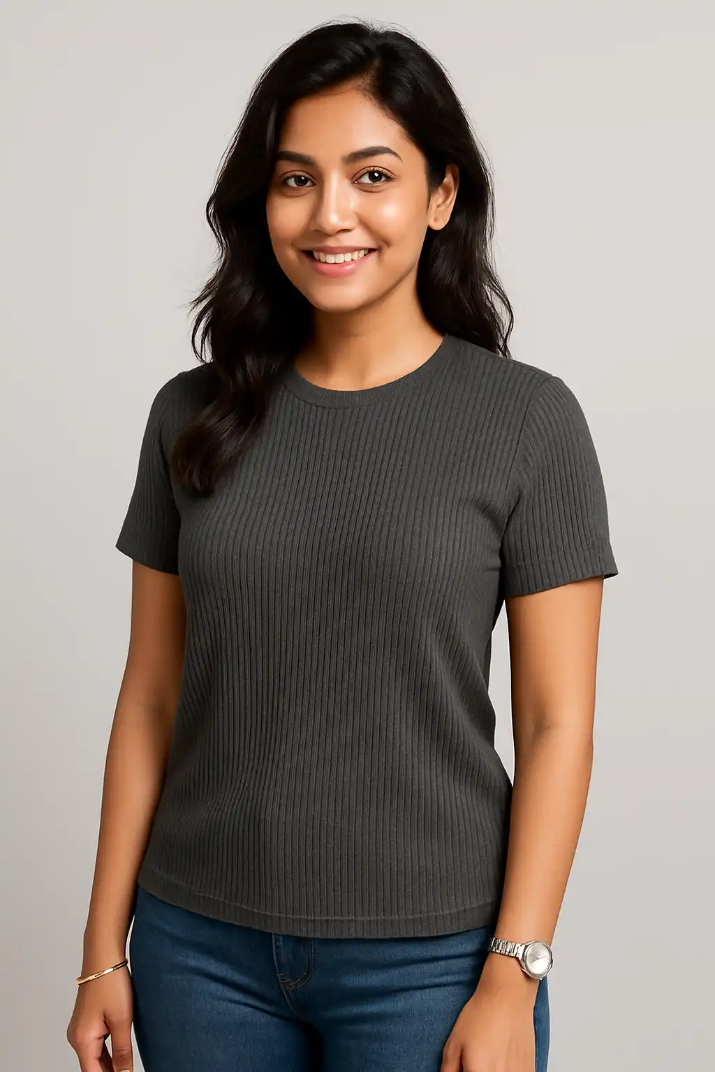 Premium Quality RIB T-shirt for Women - Silver