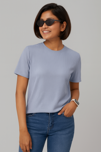 Premium Quality RIB T-shirt for Women - Sky Blue