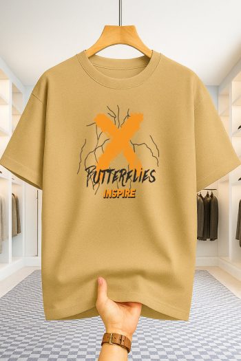 Drop Shoulder T-shirt - Butterflies - Beige