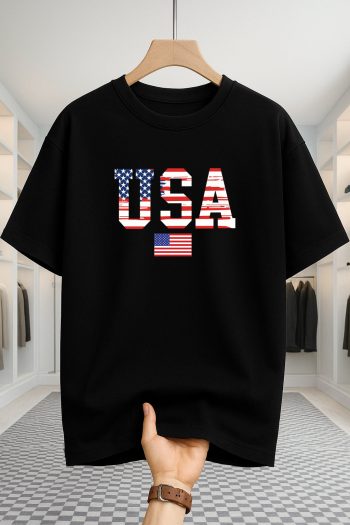 Drop Shoulder T-shirt - USA Star Flag - Black
