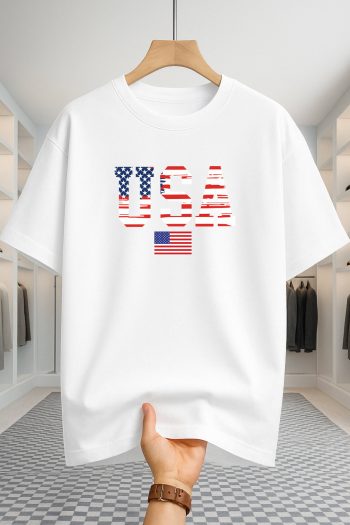Drop Shoulder T-shirt - USA Star Flag - White