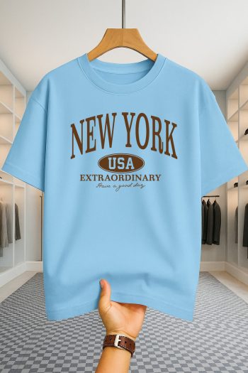 Drop Shoulder T-shirt - NewYork USA - Sky Blue