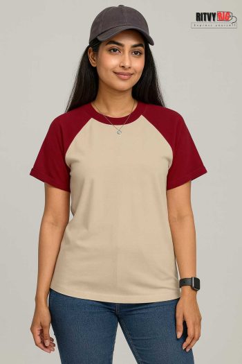 Raglan Half Sleeve T-shirt for Women - Beige & Maroon