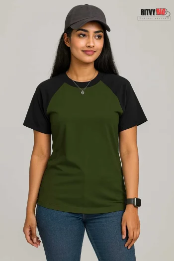 Raglan Half Sleeve T-shirt for Women - Green & Black