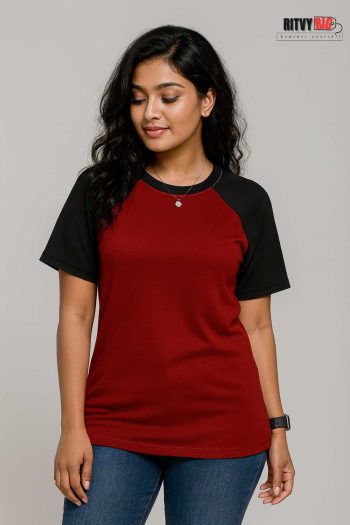 Raglan Half Sleeve T-shirt for Women - Red & Black