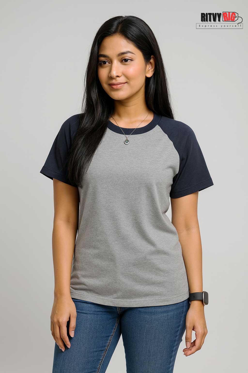 Womens Raglan - Silver & Navy Blue