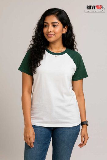 Raglan Half Sleeve T-shirt for Women - White & Green