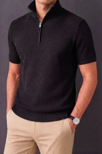 Premium Zipper Rib Half Thermal Tee - Black