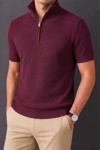 Premium Zipper Rib Half Thermal Tee - Maroon