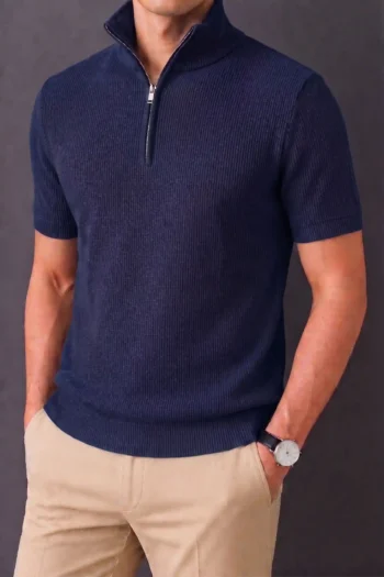 Premium Zipper Rib Half Thermal Tee - Navy Blue