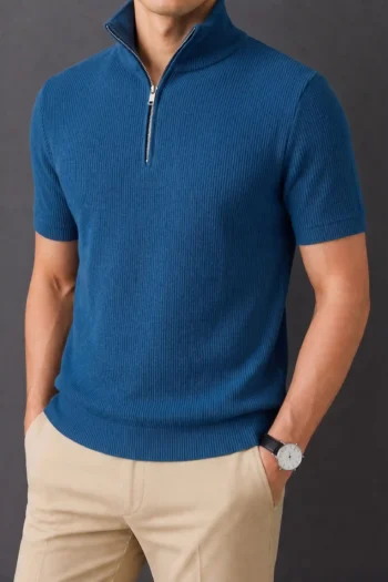 Premium Zipper Rib Half Thermal Tee - Petrol Blue