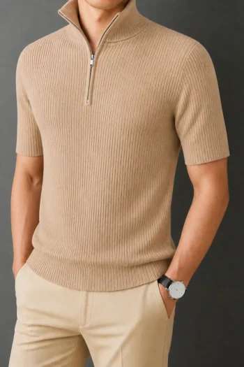 Premium Zipper Rib Half Thermal Tee - Vanilla