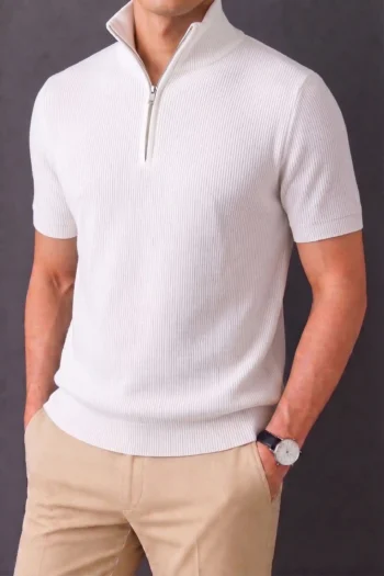 Premium Zipper Rib Half Thermal Tee - White