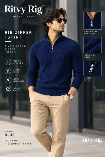 Premium Zipper Rib Thermal Tee - Navy Blue
