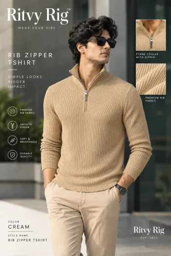 Premium Zipper Rib Thermal Tee - Cream