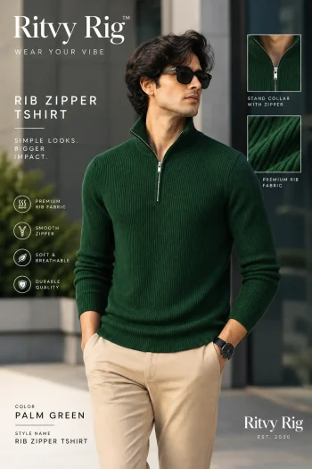 Premium Zipper Rib Thermal Tee - Palm Green