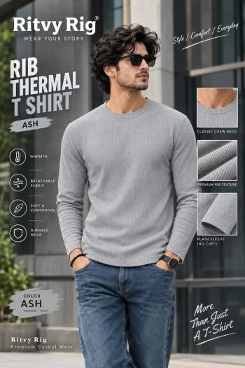 Premium Quality RIB Full Sleeve T-shirt - Ash