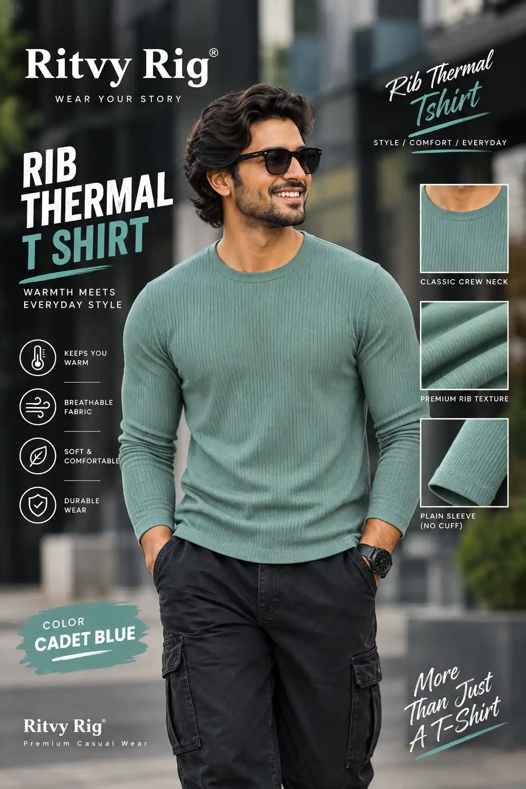 Rib Full Sleeve Tshirt- Cadet Blue