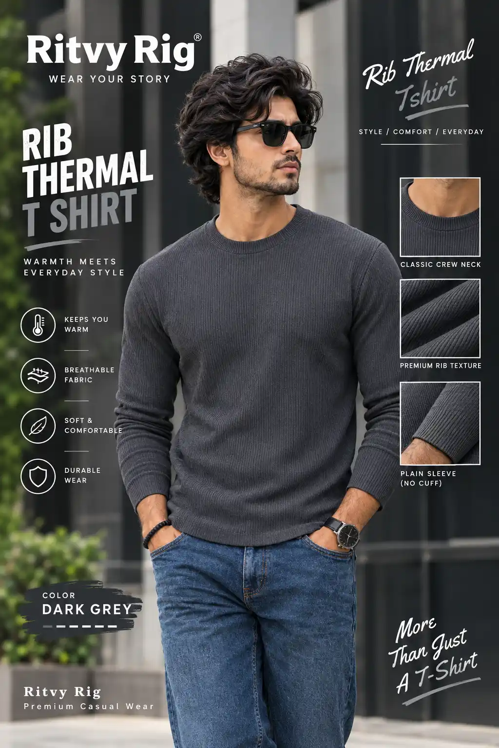Rib Full Sleeve Tshirt- Dark Grey