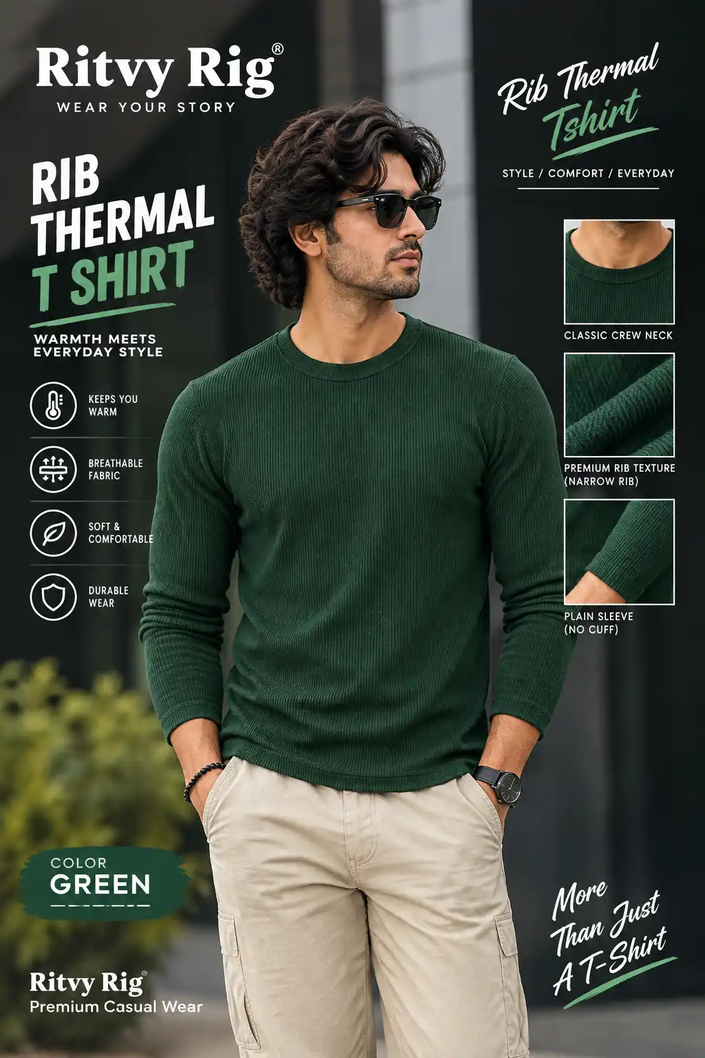 Rib Full Sleeve Tshirt- Green