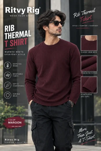 Premium Quality RIB Full Sleeve T-shirt - Maroon