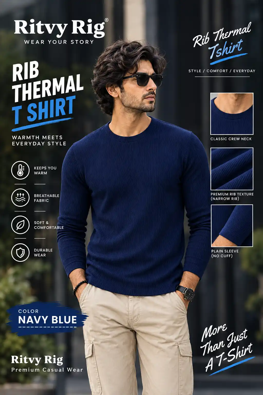 Rib Full Sleeve Tshirt- Navy Blue