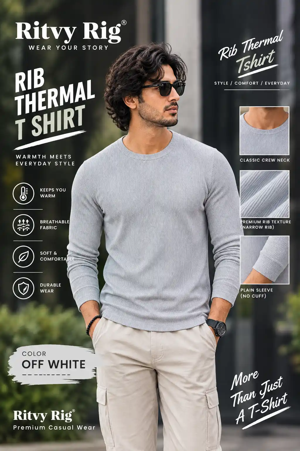 Rib Full Sleeve Tshirt- Off white