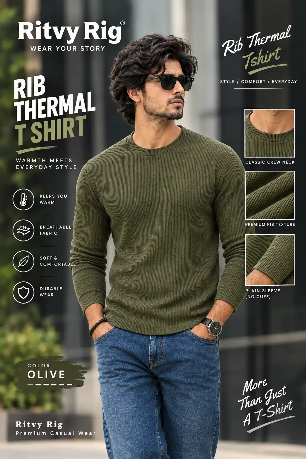 Rib Full Sleeve Tshirt- Olive
