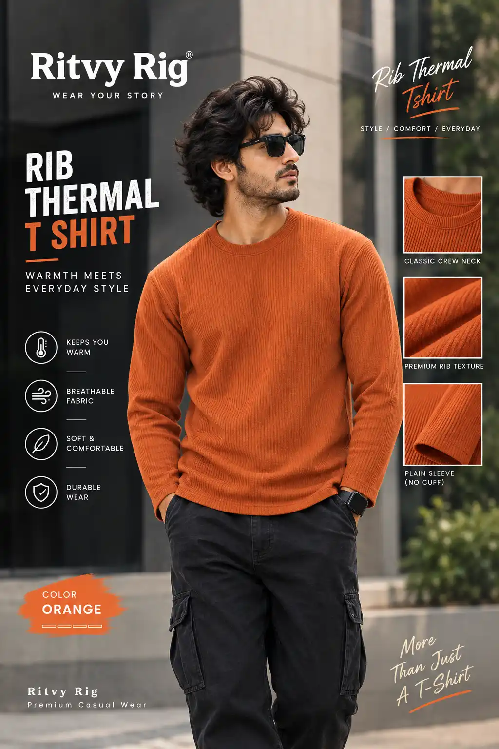 Rib Full Sleeve Tshirt- Orange