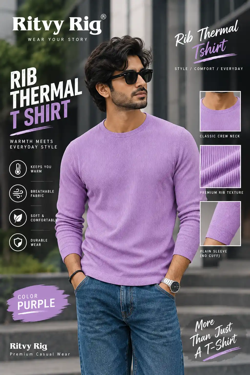 Rib Full Sleeve Tshirt- Purple