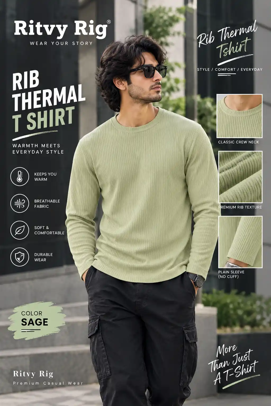 Rib Full Sleeve Tshirt- Sage