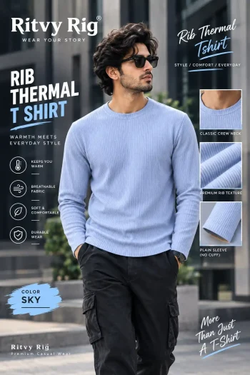 Premium Quality RIB Full Sleeve T-shirt - Sky Blue