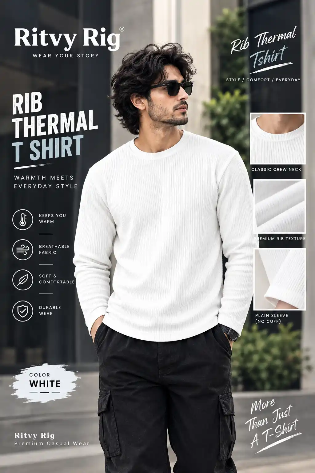 Rib Full Sleeve Tshirt- White